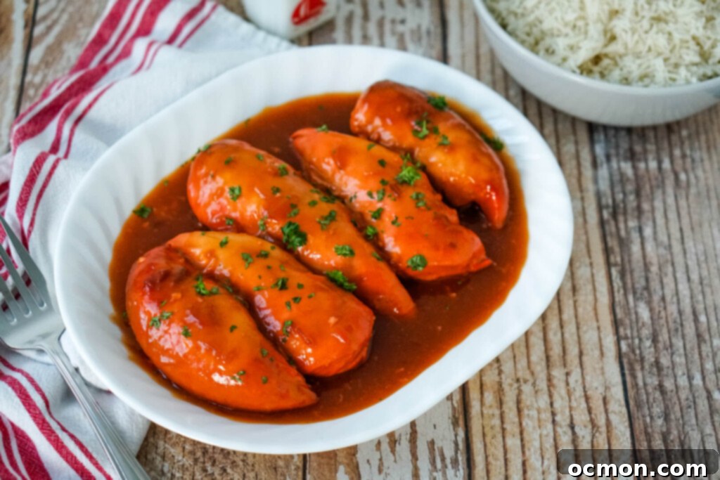 A white serving platter of Catalina Chicken. 