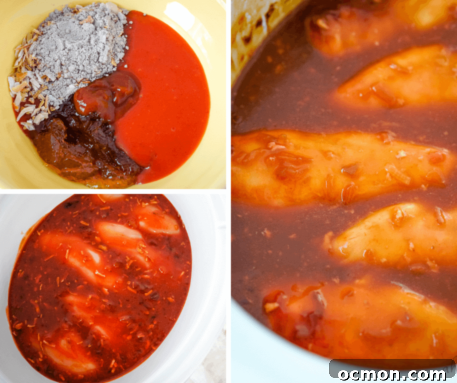 A collage image showing the steps to make Catalina Chicken in the crockpot.