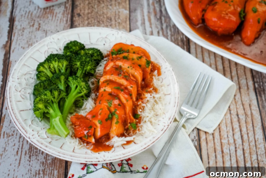 A serving of catalina chicken with rice and broccoli on a white plate. 