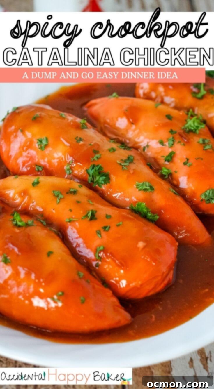 Crockpot Catalina Chicken is sweet and tangy with a little kick of spice. It's dump and go, fix it and forget it weeknight easy! 5 minutes prep. 