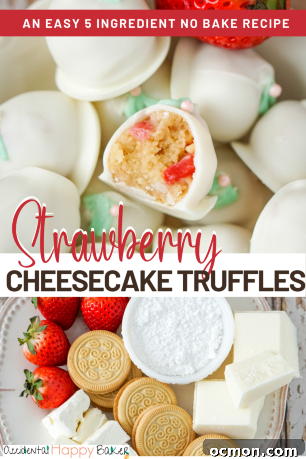 A large image of finished strawberry cheesecake truffles, ready for serving on a white plate.