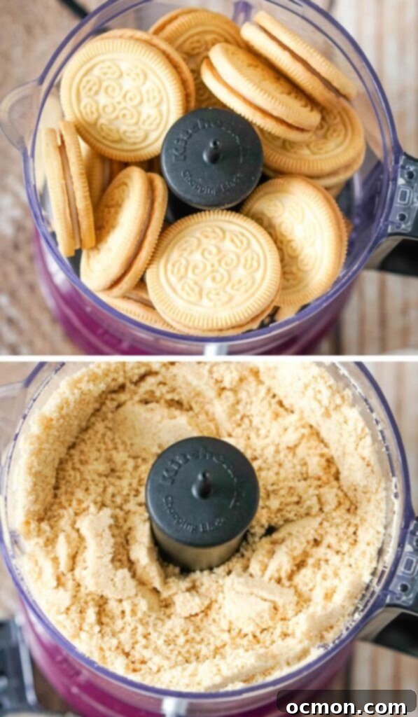 Crushed vanilla sandwich cookies in a food processor, ready for mixing.