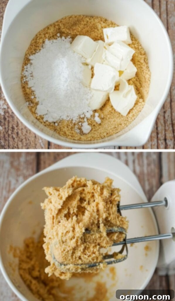 Mixing cookie crumbs, cream cheese, and powdered sugar in a bowl with an electric mixer.