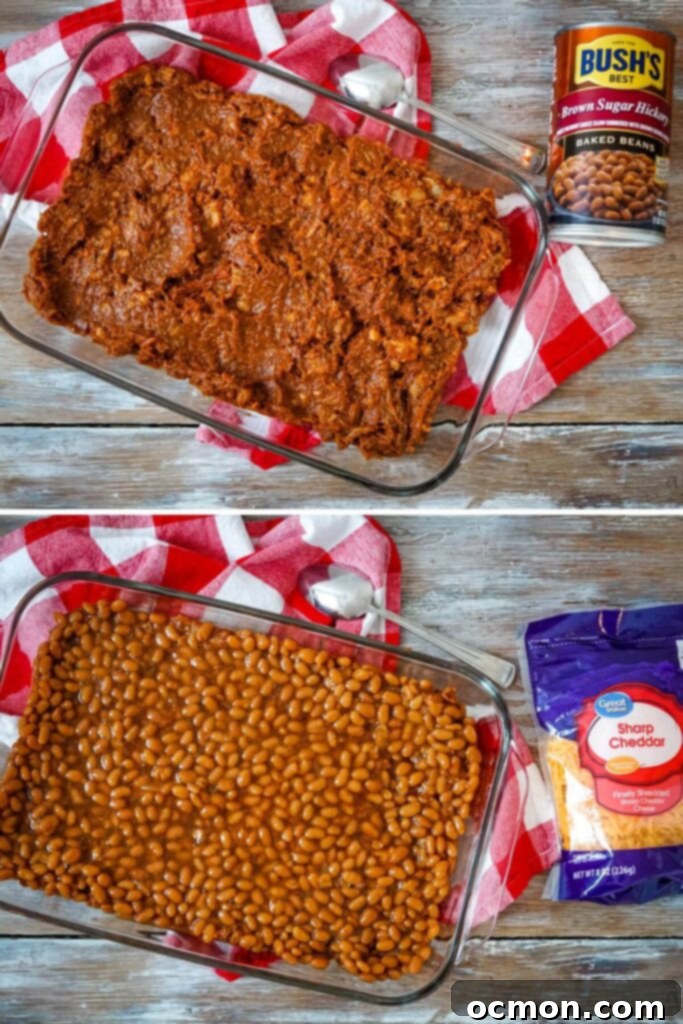 Hearty Pulled Pork Tater Tot Bake 3 A baking dish with a layer of barbecue pulled pork at the bottom, ready for the next ingredient.