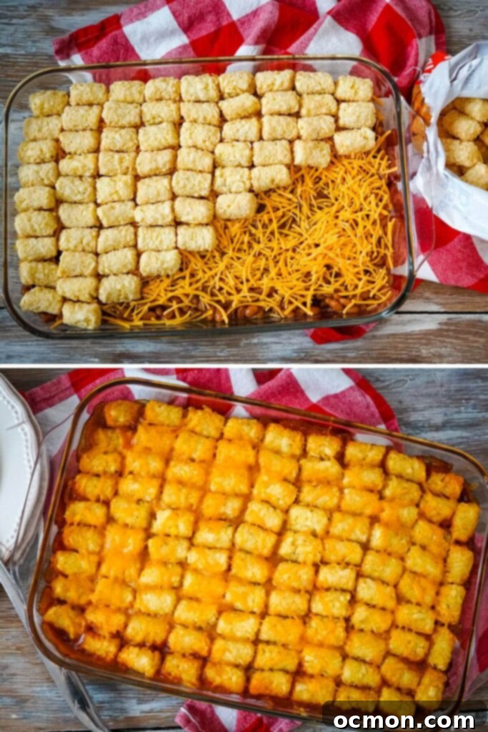 Hearty Pulled Pork Tater Tot Bake 4 A baking dish showing layers of pulled pork, baked beans, and a generous sprinkle of shredded cheddar cheese.