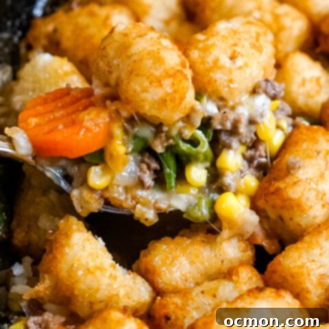 Hearty Pulled Pork Tater Tot Bake 6 A spoonful of Shepherd's Pie with Tater Tots is scooped out of the skillet, showing the cheesy filling and crispy tater tot topping.