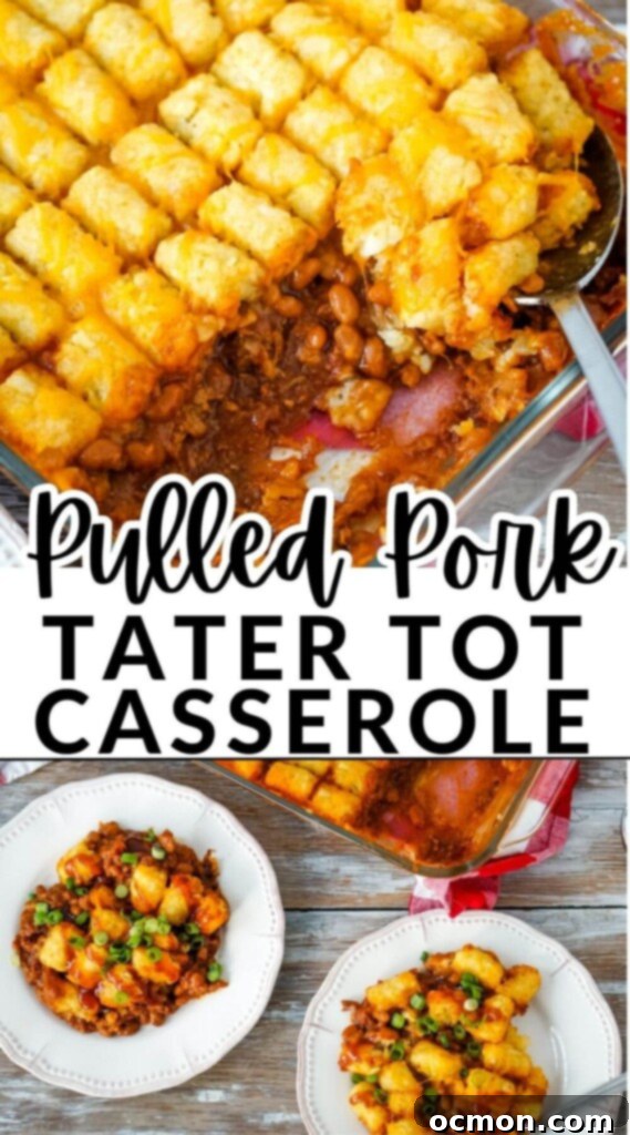 Hearty Pulled Pork Tater Tot Bake 8 A freshly baked Pulled Pork Tater Tot Casserole in a large white baking dish, ready to be served.
