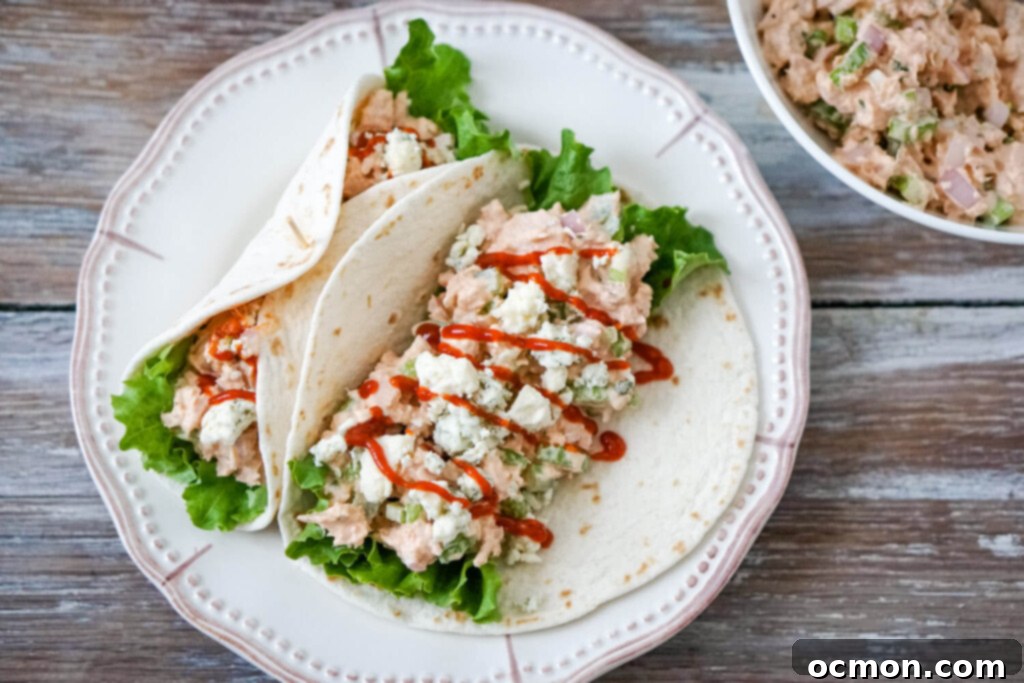 Tangy Buffalo Tuna Twist 3 Close-up of Buffalo Tuna Salad showing the creamy texture and diced celery pieces.