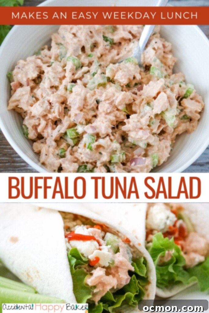 Tangy Buffalo Tuna Twist 9 A top-down shot of a large bowl of Buffalo Tuna Salad, garnished with a sprinkle of blue cheese crumbles and a side of crackers.