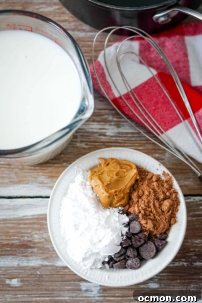 Decadent Peanut Butter Hot Chocolate 4 Overhead shot of all the ingredients laid out for making peanut butter hot chocolate: milk, cocoa powder, chocolate chips, creamy peanut butter, and powdered sugar.