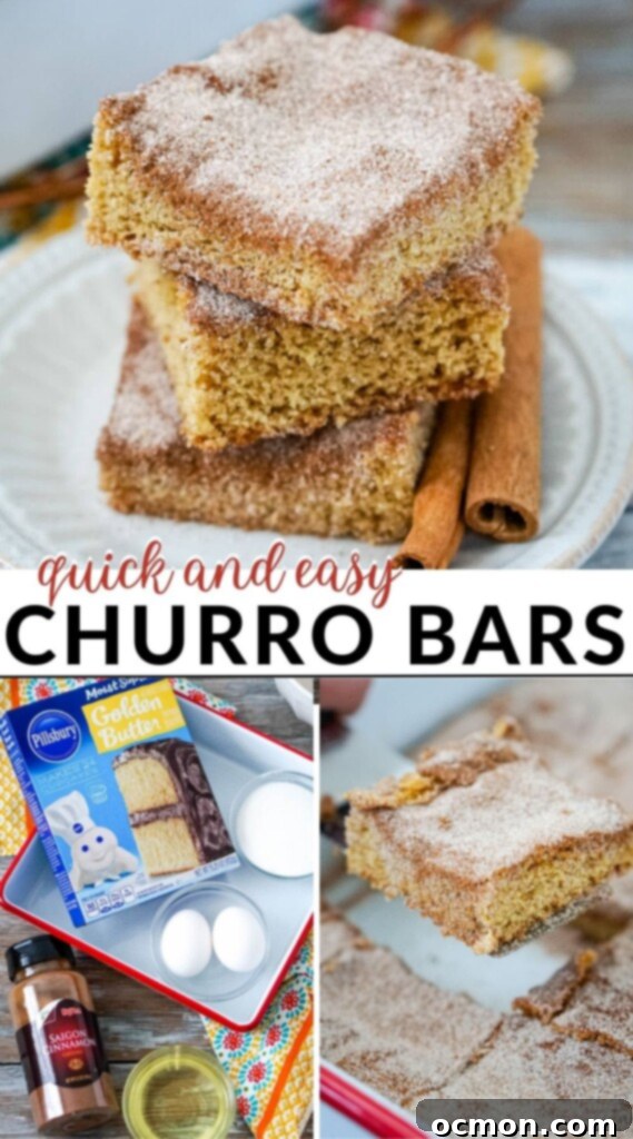Cinnamon Sugar Churro Bars 10 A Pinterest-friendly image showing a close-up of churro bars with the title 'Easy No-Fry Churro Bars'.