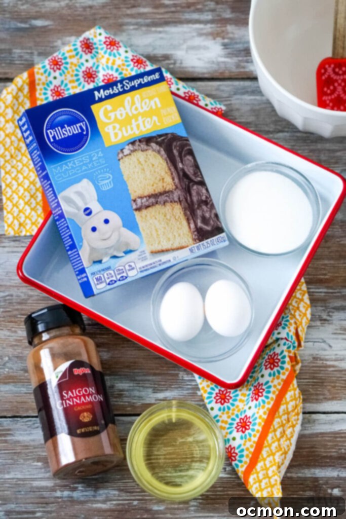 Cinnamon Sugar Churro Bars 4 Ingredients laid out for churro bars: cake mix, oil, eggs, cinnamon, and sugar.