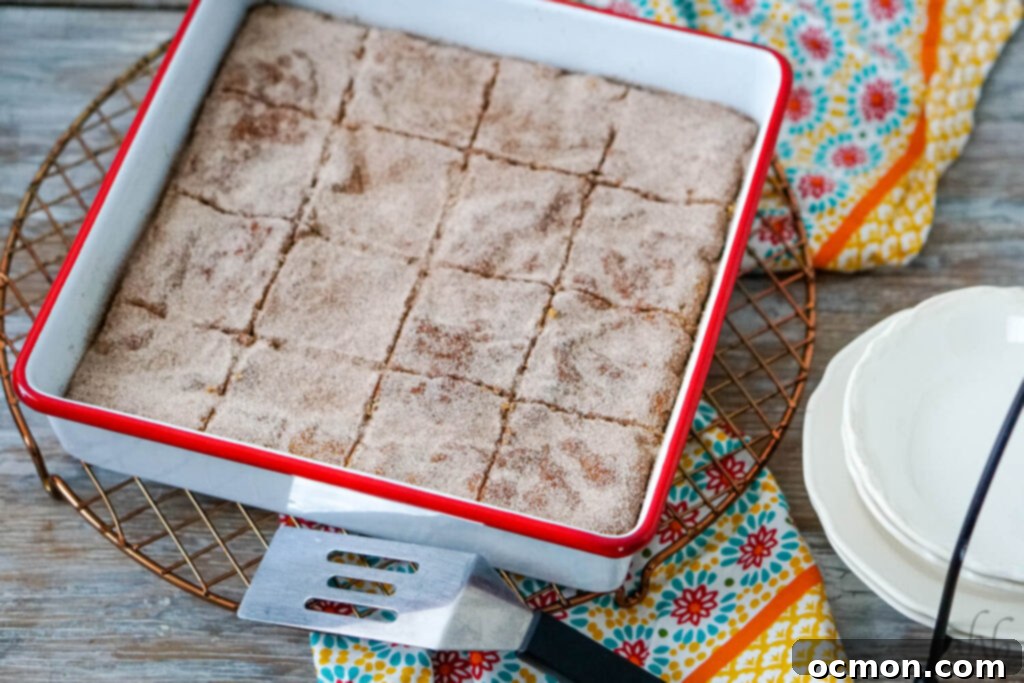 Cinnamon Sugar Churro Bars 8 Freshly baked churro bars in the pan, golden brown and ready to be cut.