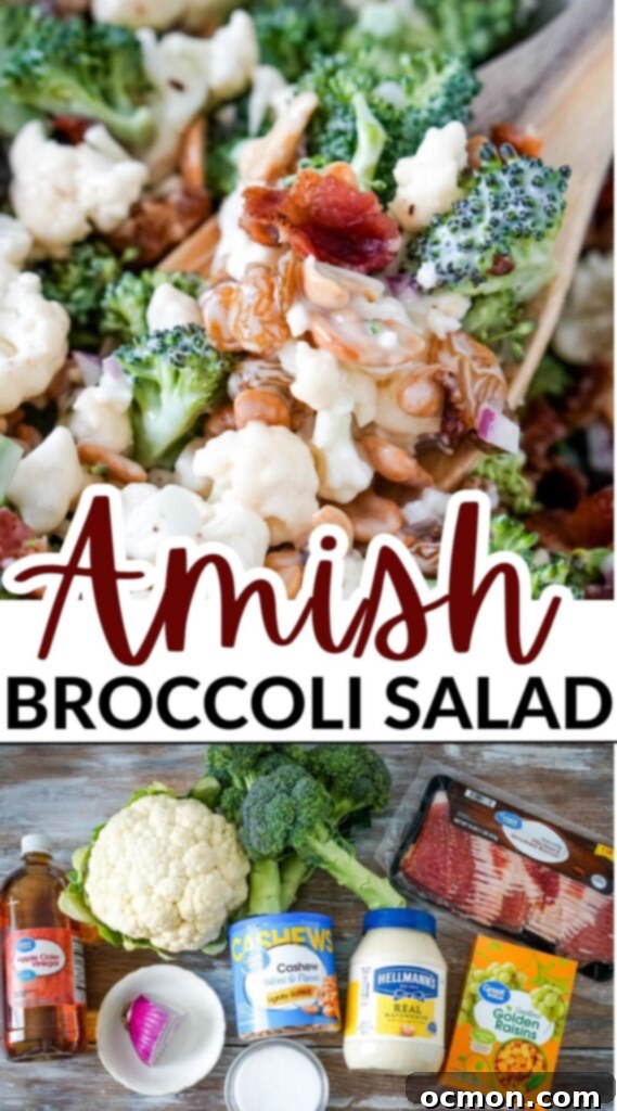 Amish-Style Creamy Broccoli and Cauliflower Salad 9 This creamy and crunchy Amish Broccoli Cauliflower Salad recipe is an old-fashioned country favorite! This easy-to-make salad is packed with fresh broccoli, cauliflower, cashews, bacon, and raisins and tossed with a tangy homemade dressing. It’s the perfect summer salad to take to a backyard barbecue!