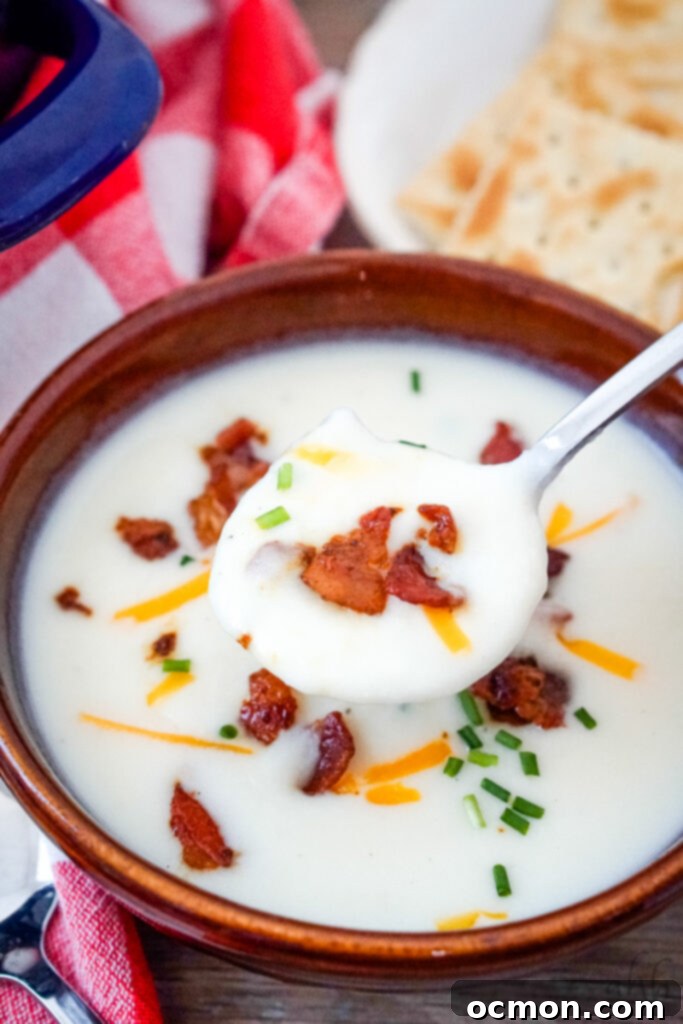 A spoonful of creamy 4-ingredient potato soup generously topped with crispy bacon pieces, shredded cheddar cheese, and fresh chopped chives, held over a brown bowl of the delicious soup.