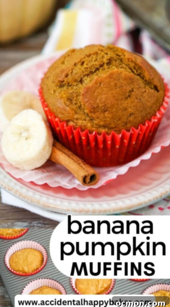 A beautifully composed flat lay showcasing a stack of golden Pumpkin Banana Muffins, hinting at their moist and fluffy texture. Scattered around are fresh banana slices, fragrant cinnamon sticks, and decorative fall leaves, emphasizing the rich, spiced, and wholesome nature of these delicious autumn treats. This image is perfect for a pin, inviting readers to try the recipe.