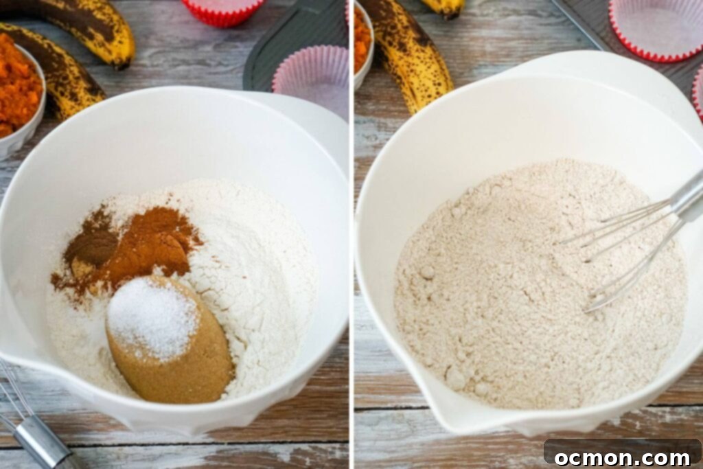 Image showing the first step: dry ingredients (flour, brown sugar, baking soda, salt, ground cinnamon, ground ginger, and ground allspice) gathered in a white mixing bowl, and then the same ingredients expertly whisked together to create a uniform blend.