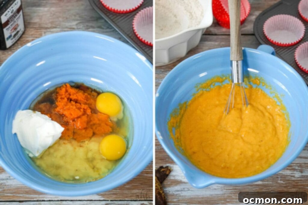 Image displaying the wet ingredients: mashed bananas, two room temperature eggs, canned pumpkin, sour cream, canola oil, and vanilla extract collected in a blue mixing bowl, followed by the same ingredients skillfully blended into a smooth, cohesive mixture.