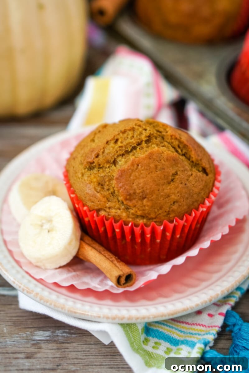 A freshly baked pumpkin banana muffin in a paper liner, serving as the hero image for the recipe card.