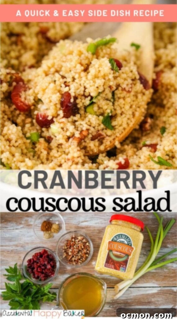 A beautiful, close-up shot of Cranberry Couscous Salad, showcasing its vibrant ingredients and inviting textures, perfect for pinning and saving for later. Highlights the colors and textures of the dish for inspiration.