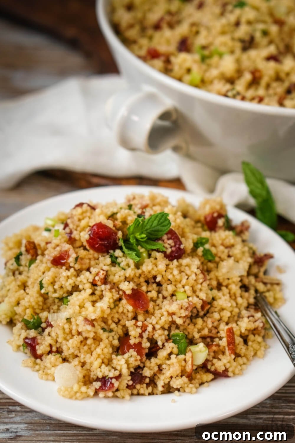 A beautifully arranged individual serving of cranberry couscous salad on a white plate, garnished with fresh mint leaves for a refreshing touch.