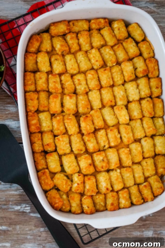 Loaded Big Mac Tater Tot Bake 11 The freshly baked casserole with golden brown tater tots sits on a black cooling rack.