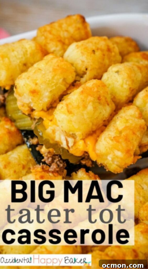 Loaded Big Mac Tater Tot Bake 14 Big Mac Tater Tot casserole has all the flavors of that iconic burger combo complete with hamburger, special sauce, pickles, and melted cheese. It’s topped off with crispy tater tots for an easy weeknight dinner your whole family will love!