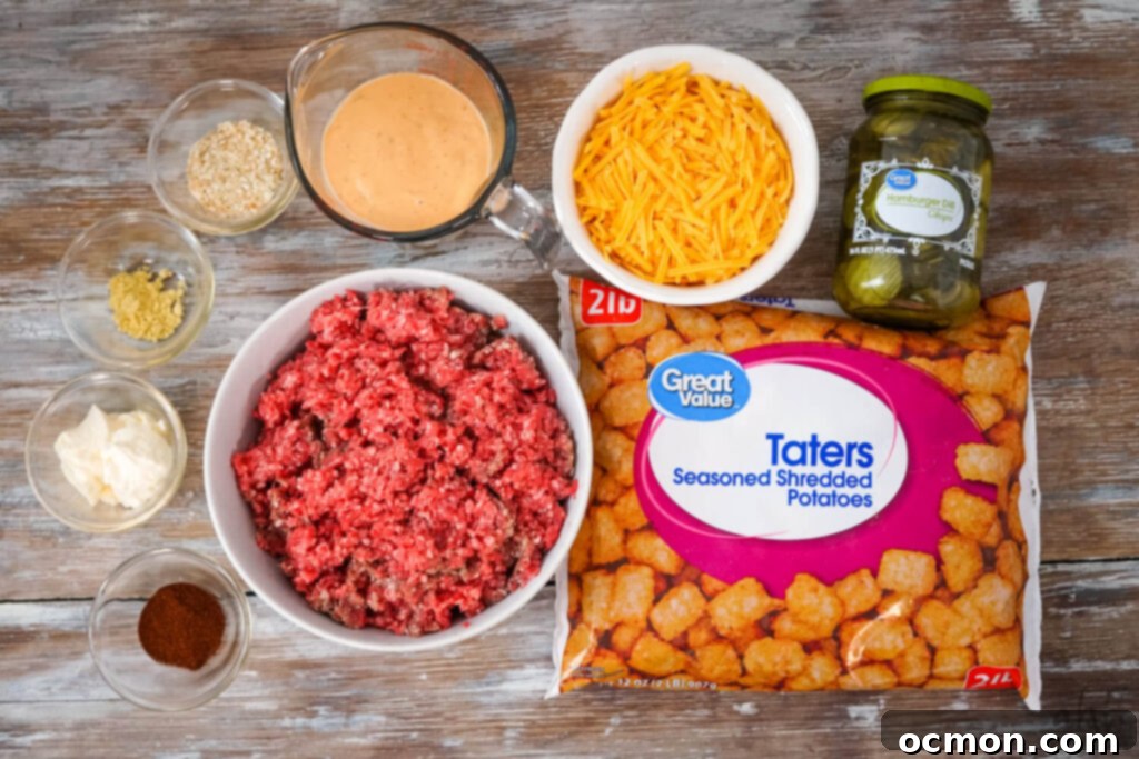 Loaded Big Mac Tater Tot Bake 5 A 32 oz. bag of frozen tater tots, a jar of hamburger dill pickle slices, shredded cheddar cheese, thousand island dressing, 2 lbs. of raw ground beef, paprika, mayo, dried ground mustard, and dried minced onion on a wooden table.