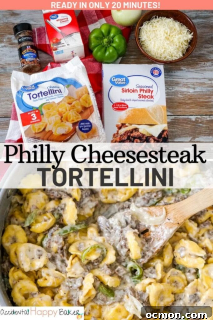 Cheesesteak Stuffed Tortellini 10 Creamy, cheesy, hearty and delicious with thinly sliced steak, peppers, onions, and cheese tortellini, this Philly Cheesesteak Tortellini uses convenience items to make a delicious main dish pasta recipe that’s ready in about 20 minutes!