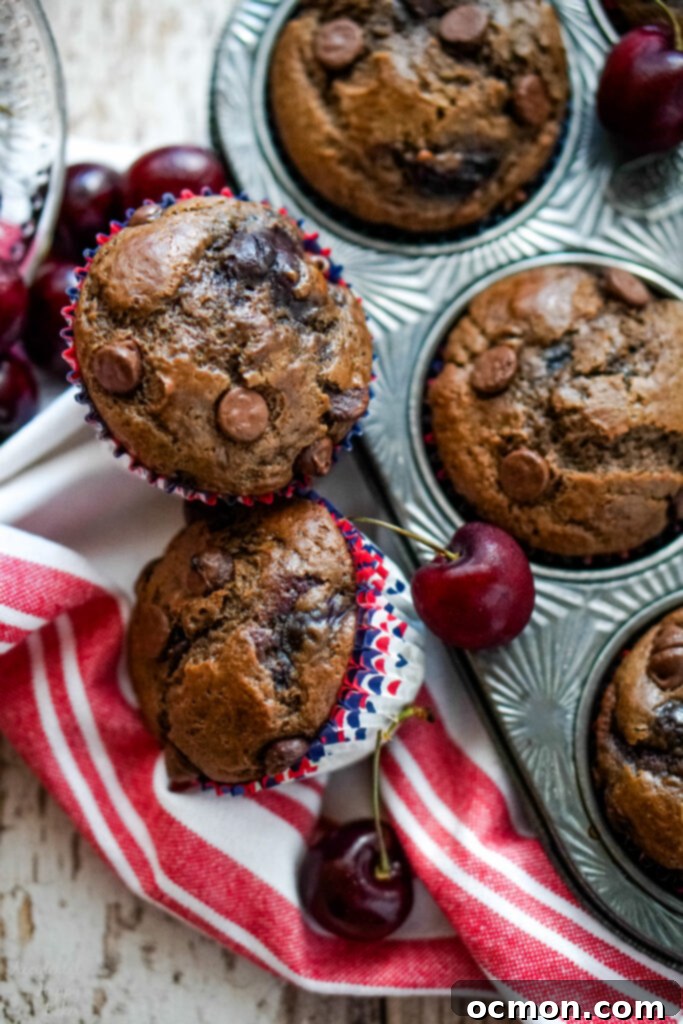 Two perfectly baked cherry chocolate muffins, still warm, resting beside a full muffin tin and a scattering of fresh, ripe cherries.